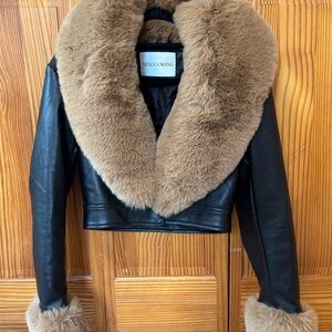 Black Faux Leather Jacket with Brown Faux Fur